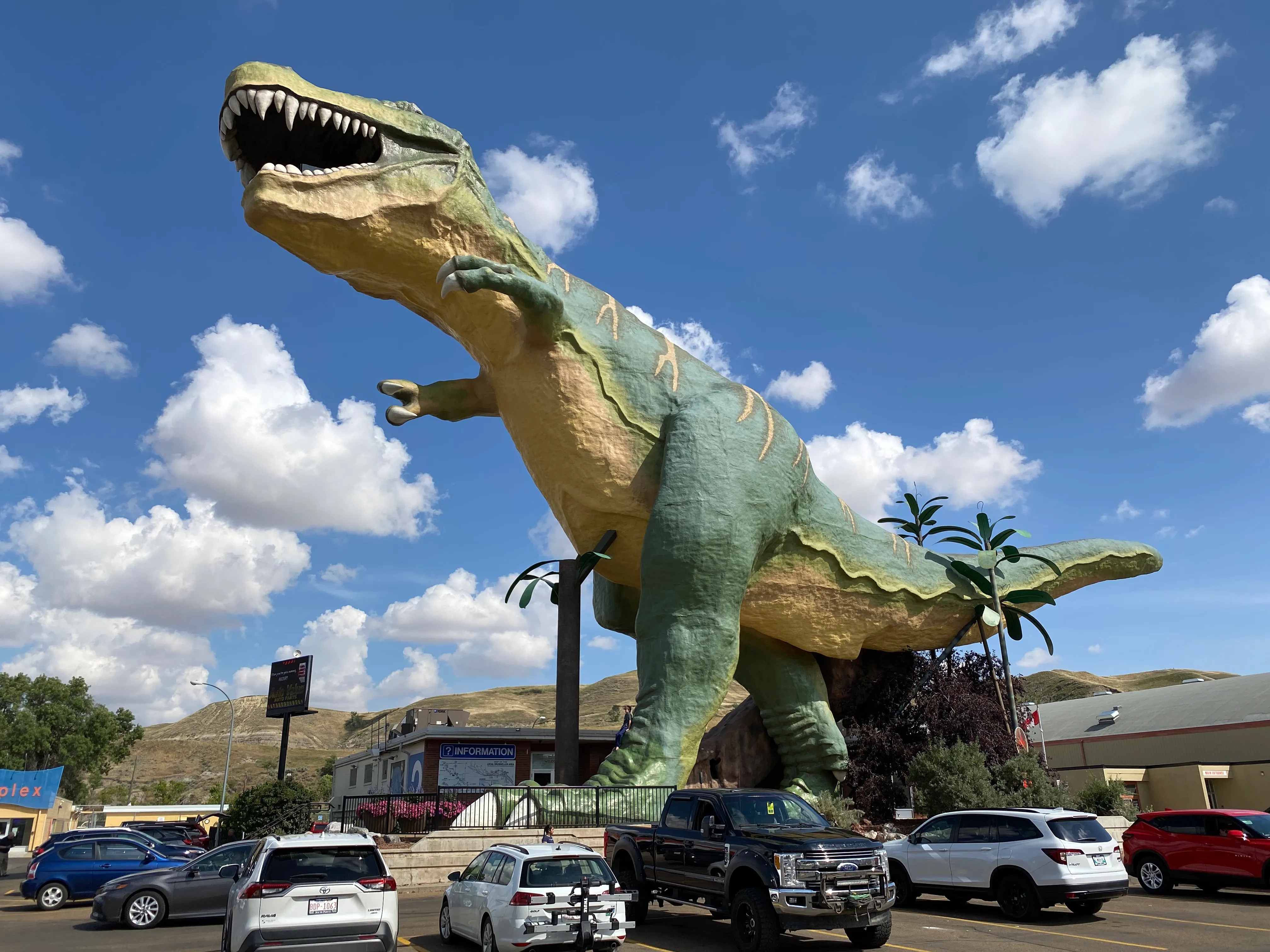 The World's Largest Dinosaur towering over downtown Drumheller.
